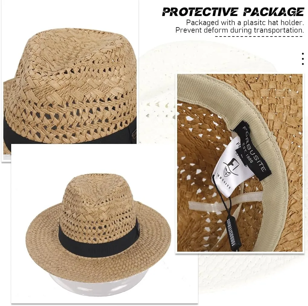 Straw Fedora Hat for Men Women Summer Sun Wide Brim Beach Panama Hats