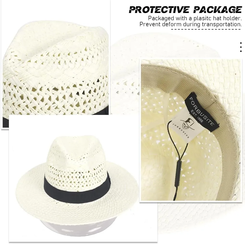 Straw Fedora Hat for Men Women Summer Sun Wide Brim Beach Panama Hats