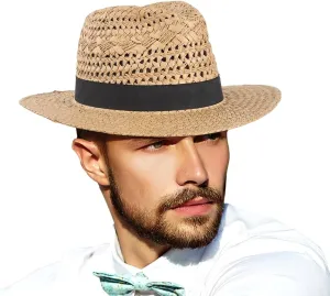 Straw Fedora Hat for Men Women Summer Sun Wide Brim Beach Panama Hats