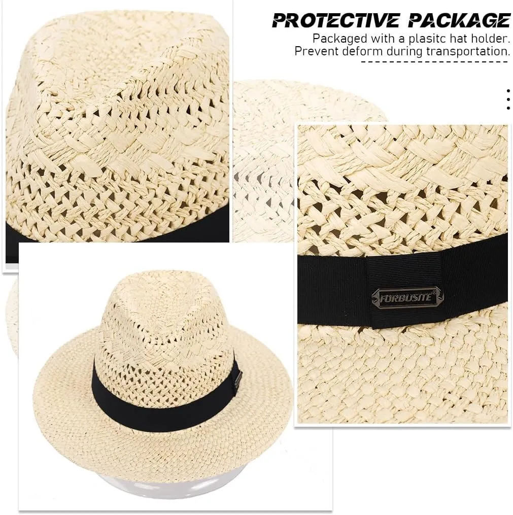 Straw Fedora Hat for Men Women Summer Sun Wide Brim Beach Panama Hats