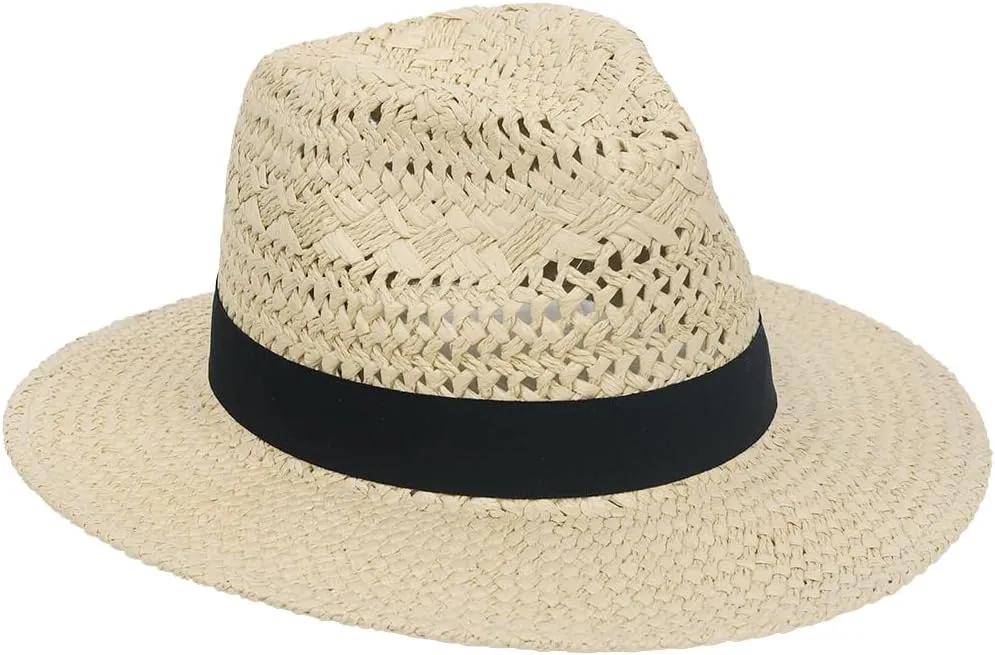 Straw Fedora Panama Hat for Women Men - Summer Beach Sun Hats Wide Brim UV Protection Lightweight