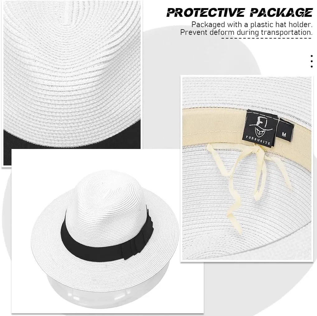 Straw Fedora Sun Hat for Women Wide Brim Panama Beach Hats Foldable UPF 50 