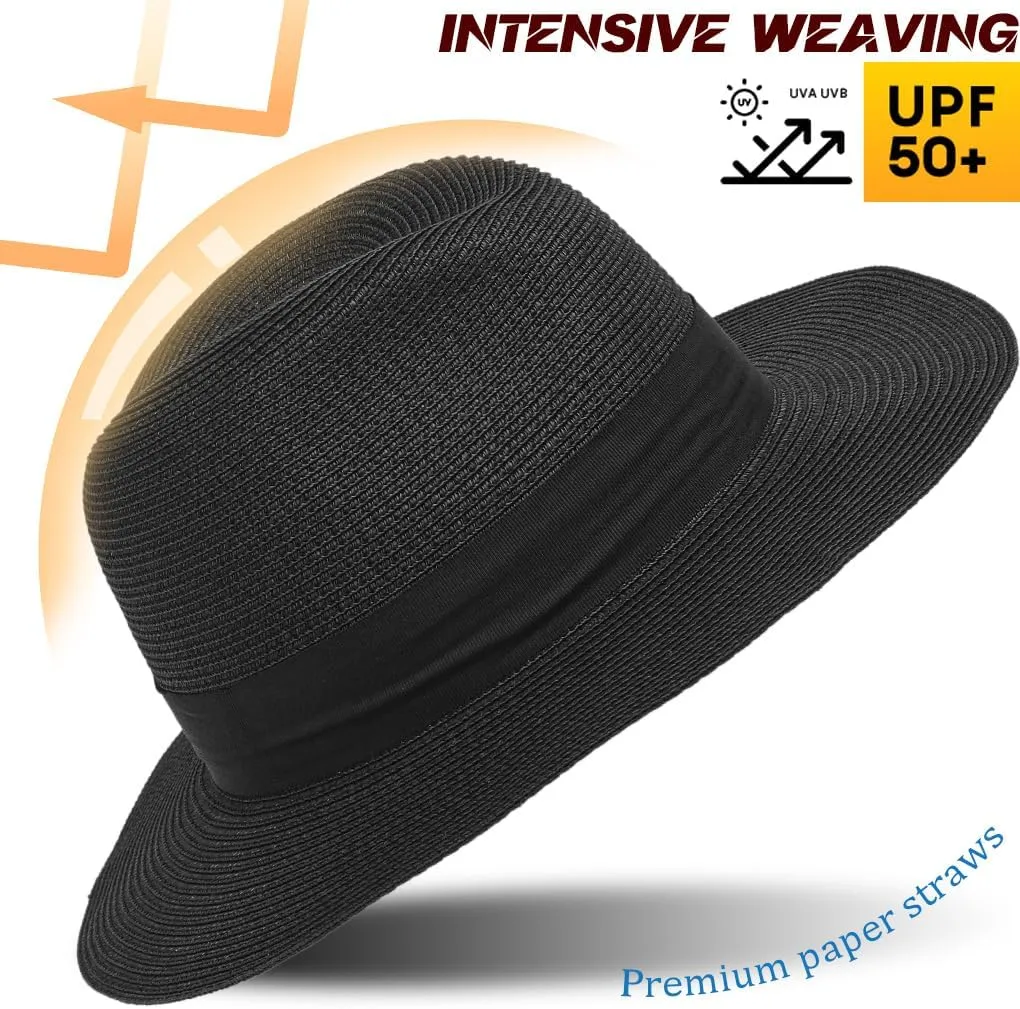 Straw Fedora Sun Hat for Women Wide Brim Panama Beach Hats Foldable UPF 50 