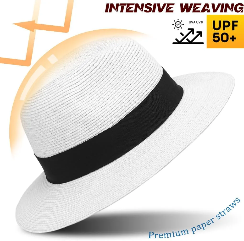 Straw Fedora Sun Hat for Women Wide Brim Panama Beach Hats Foldable UPF 50 