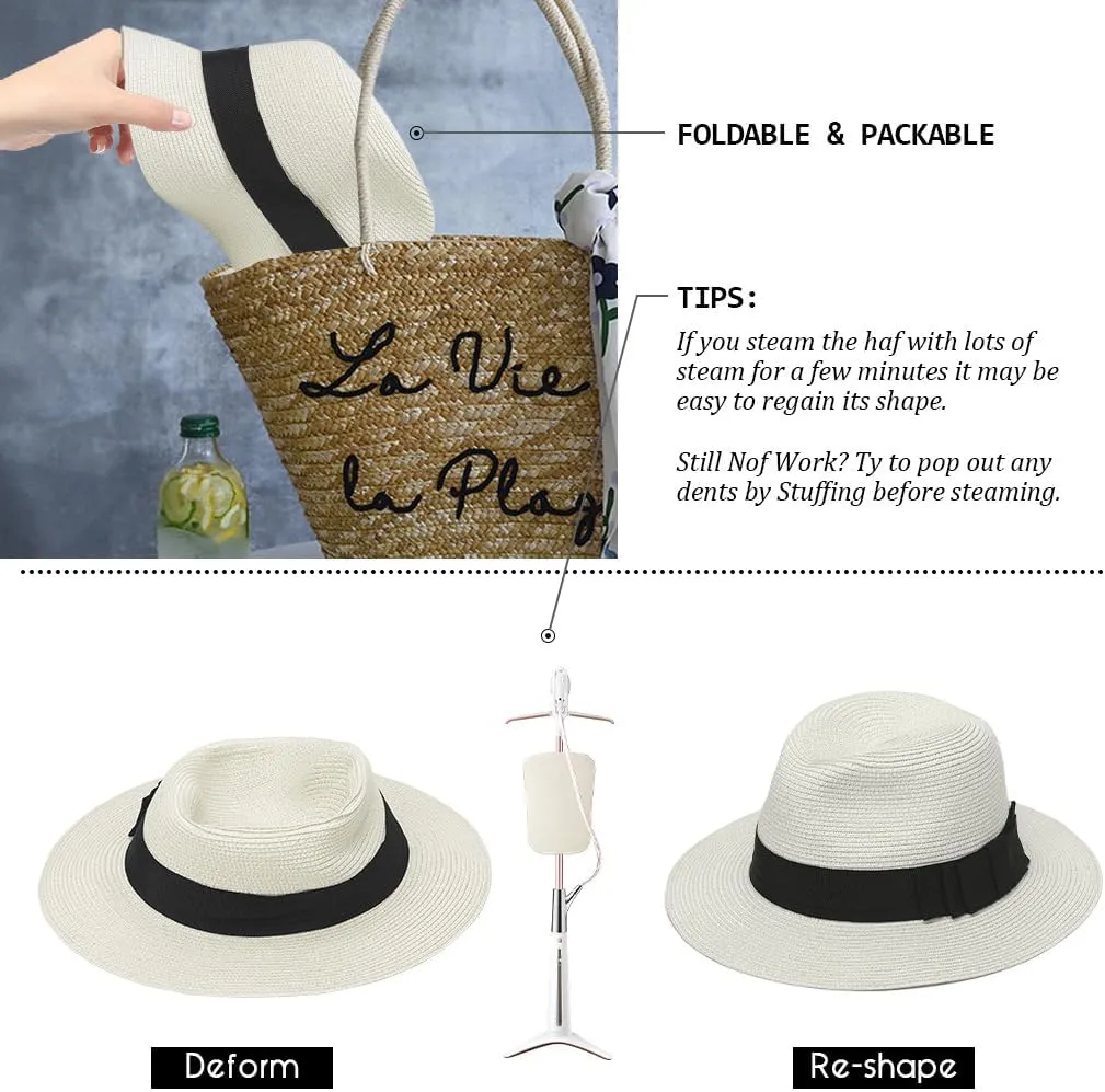 Straw Fedora Sun Hat for Women Wide Brim Panama Beach Hats Foldable UPF 50 