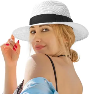 Straw Fedora Sun Hat for Women Wide Brim Panama Beach Hats Foldable UPF 50 