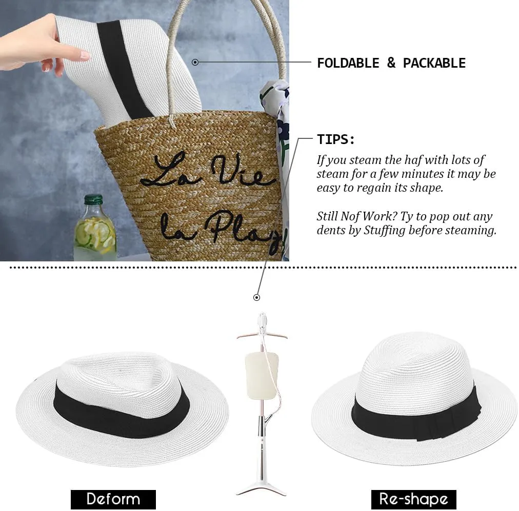 Straw Fedora Sun Hat for Women Wide Brim Panama Beach Hats Foldable UPF 50 