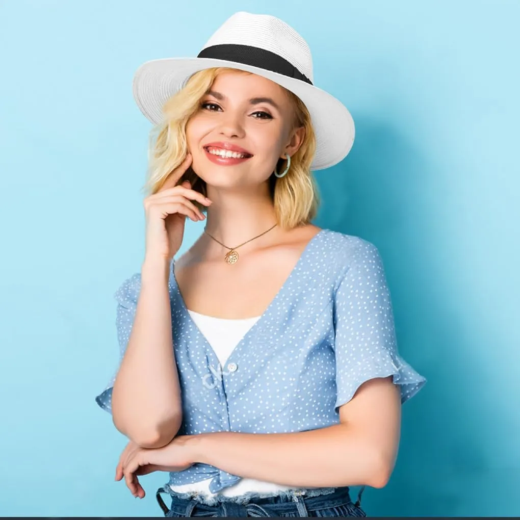 Straw Fedora Sun Hat for Women Wide Brim Panama Beach Hats Foldable UPF 50 