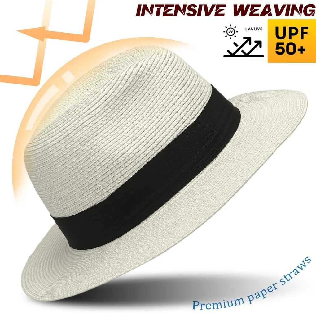 Straw Fedora Sun Hat for Women Wide Brim Panama Beach Hats Foldable UPF 50 