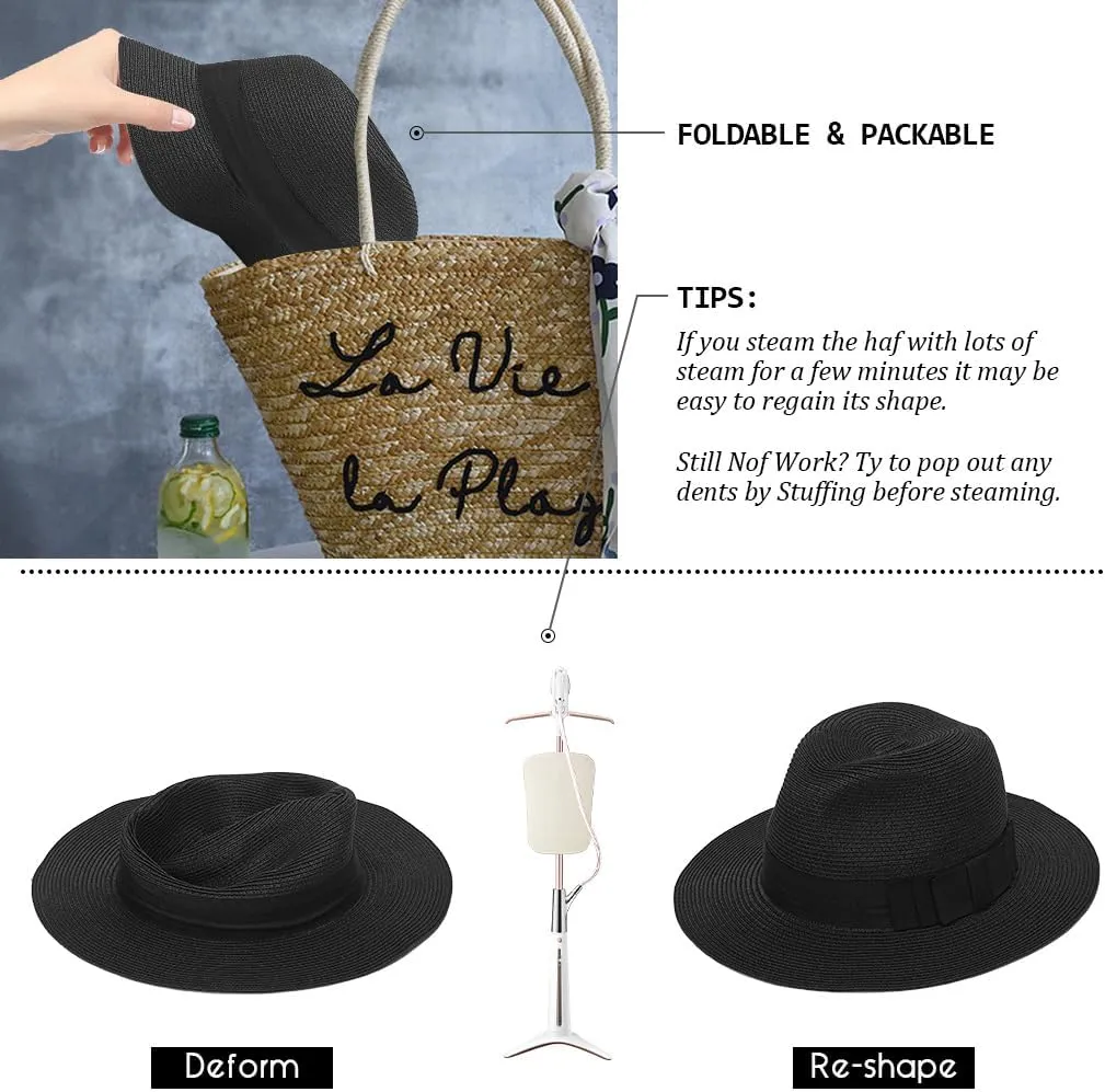 Straw Fedora Sun Hat for Women Wide Brim Panama Beach Hats Foldable UPF 50 