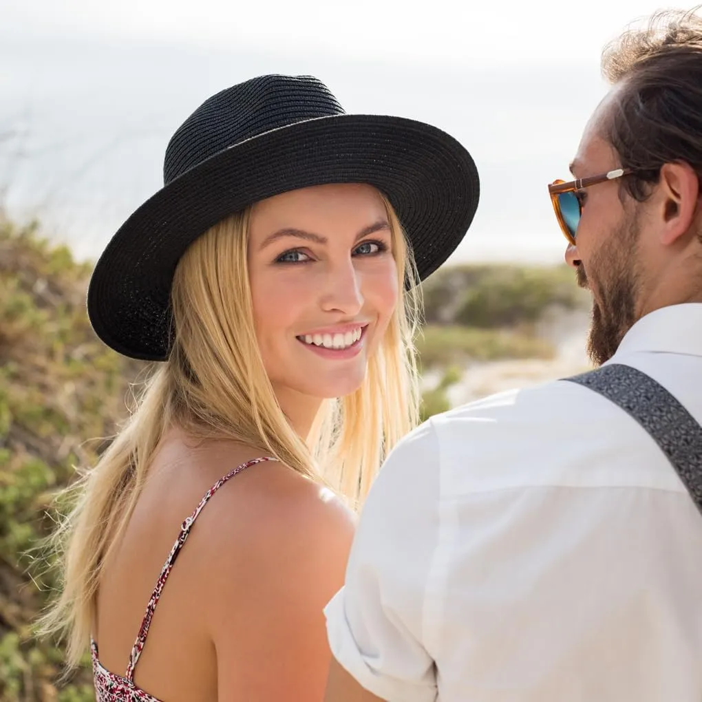 Straw Fedora Sun Hat for Women Wide Brim Panama Beach Hats Foldable UPF 50 