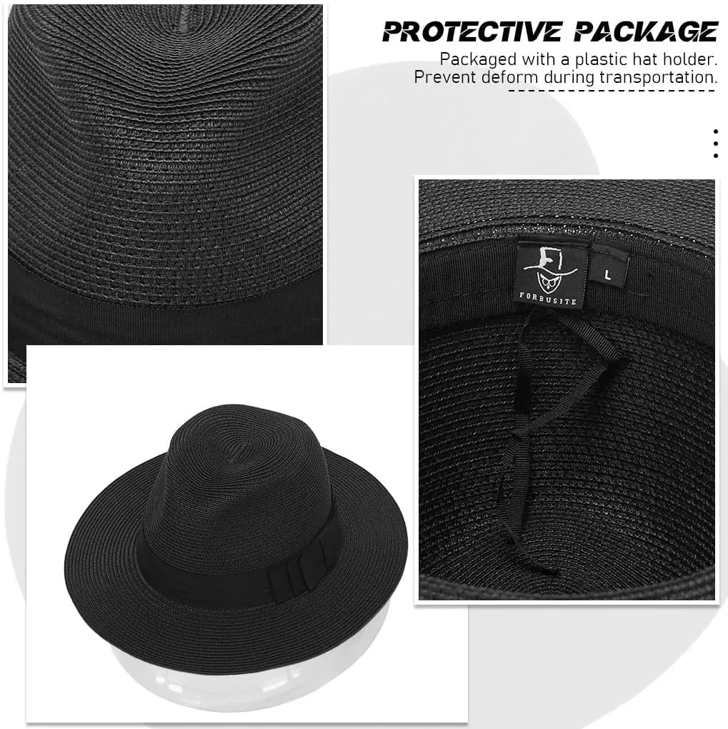 Straw Fedora Sun Hat for Women Wide Brim Panama Beach Hats Foldable UPF 50 