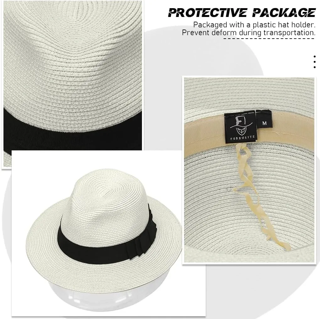 Straw Fedora Sun Hat for Women Wide Brim Panama Beach Hats Foldable UPF 50 