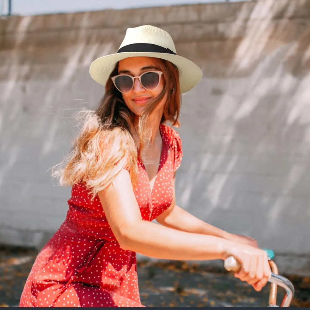 Straw Fedora Sun Hat for Women Wide Brim Panama Beach Hats Foldable UPF 50 