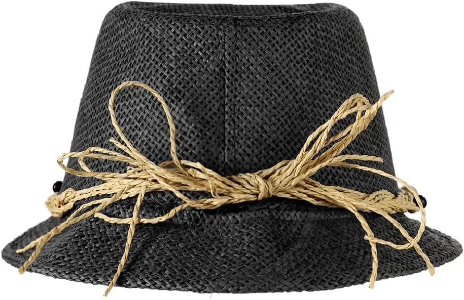 Straw Fedora Sun Hat UV Protection Short Brim Beach Hat Adjustable Trilby Hats for Men Women