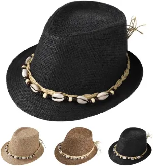 Straw Fedora Sun Hat UV Protection Short Brim Beach Hat Adjustable Trilby Hats for Men Women