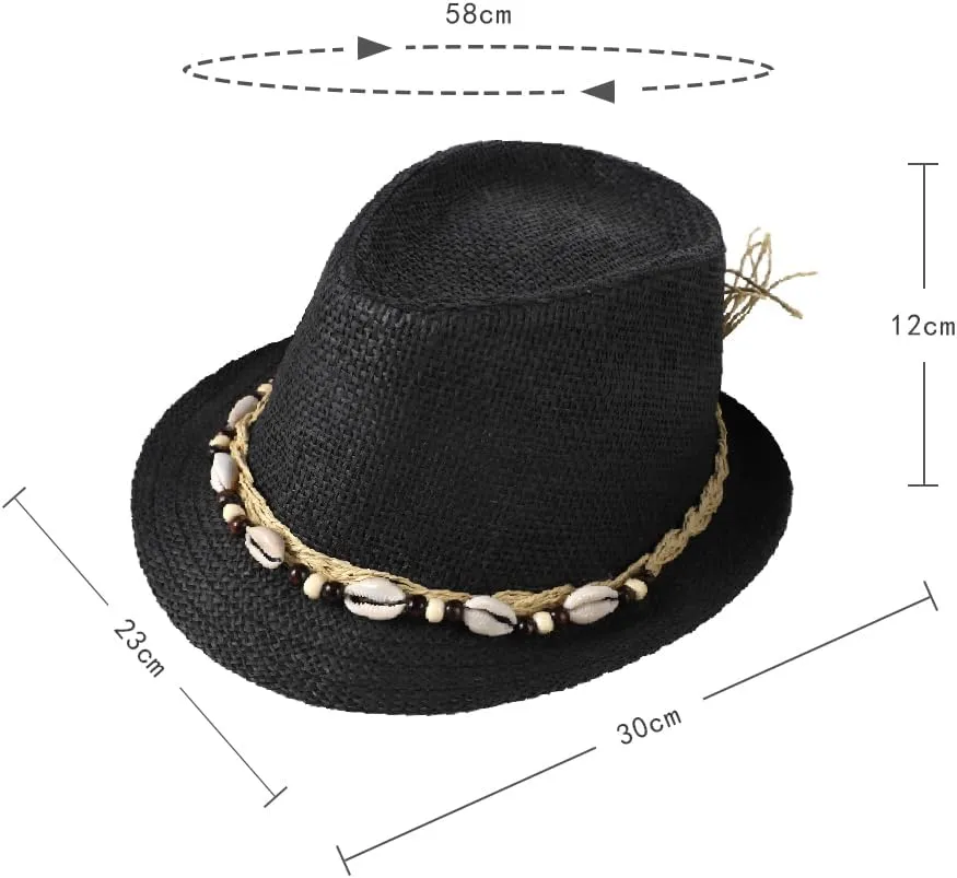 Straw Fedora Sun Hat UV Protection Short Brim Beach Hat Adjustable Trilby Hats for Men Women