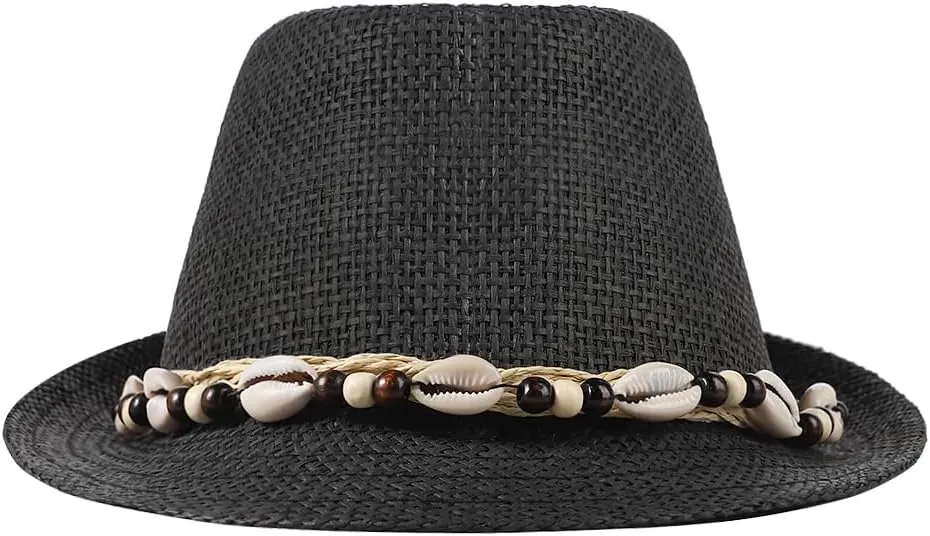 Straw Fedora Sun Hat UV Protection Short Brim Beach Hat Adjustable Trilby Hats for Men Women