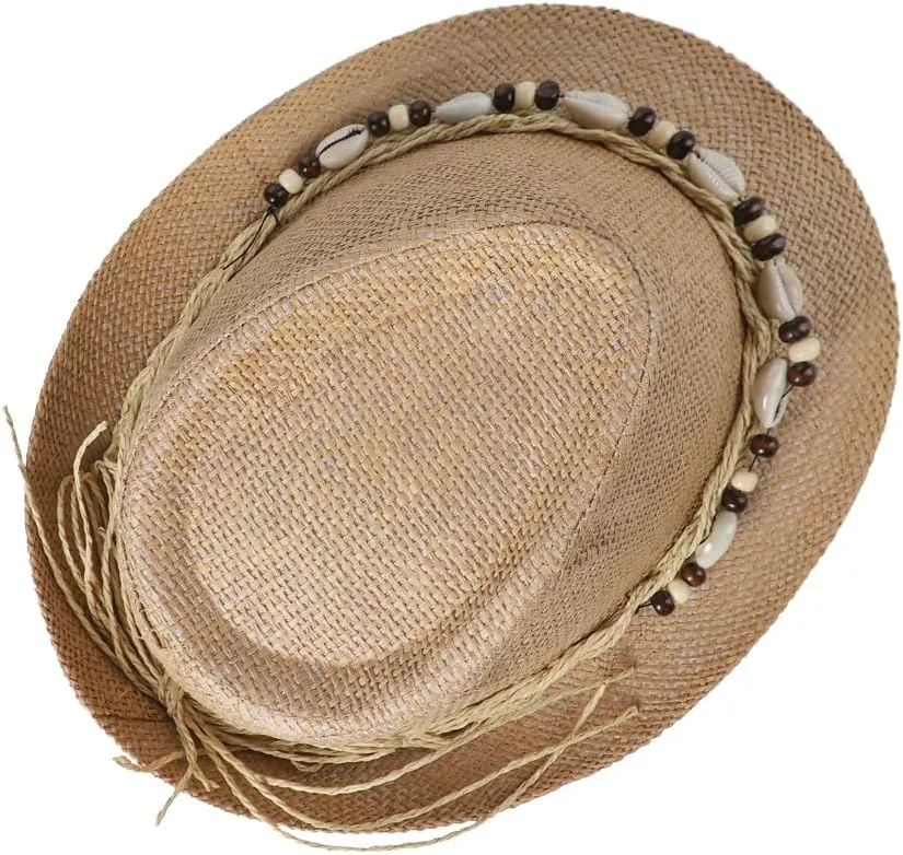 Straw Fedora Sun Hat UV Protection Short Brim Beach Hat Adjustable Trilby Hats for Men Women