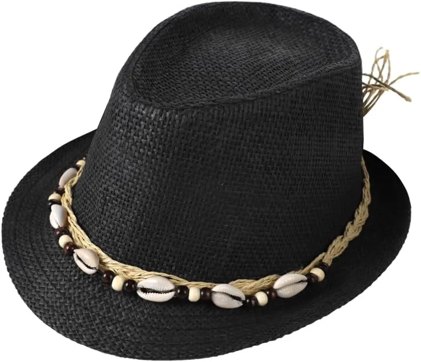 Straw Fedora Sun Hat UV Protection Short Brim Beach Hat Adjustable Trilby Hats for Men Women