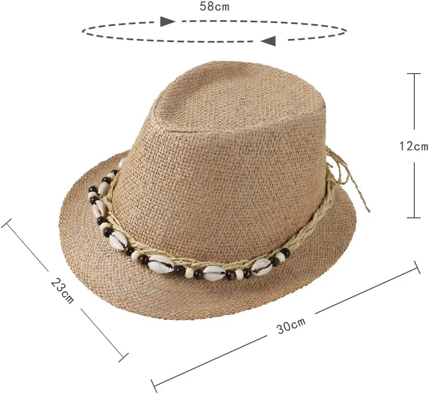 Straw Fedora Sun Hat UV Protection Short Brim Beach Hat Adjustable Trilby Hats for Men Women