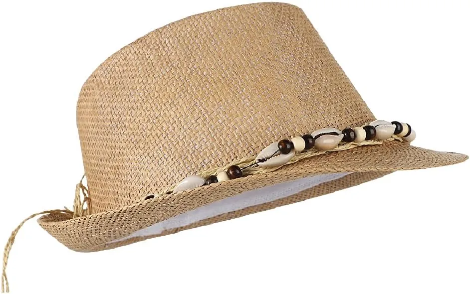 Straw Fedora Sun Hat UV Protection Short Brim Beach Hat Adjustable Trilby Hats for Men Women