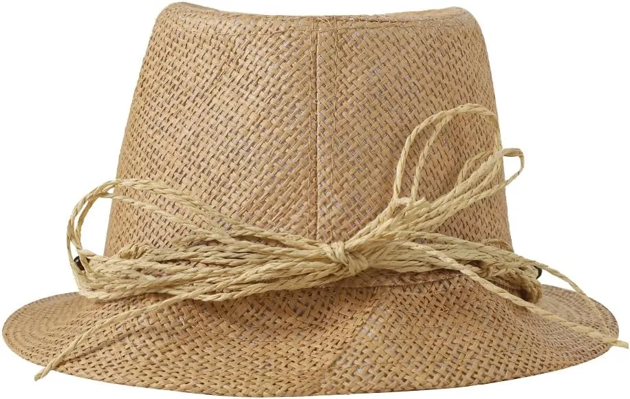 Straw Fedora Sun Hat UV Protection Short Brim Beach Hat Adjustable Trilby Hats for Men Women