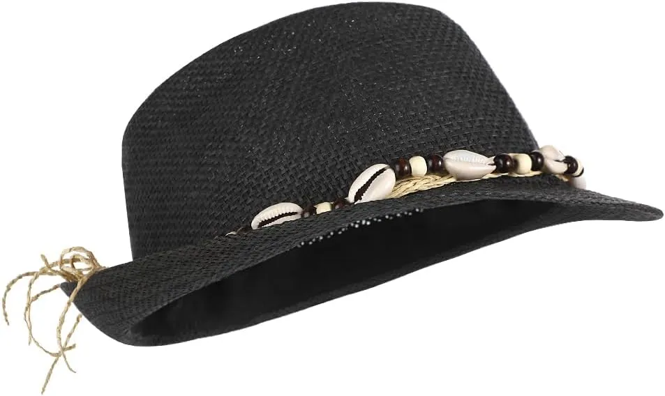 Straw Fedora Sun Hat UV Protection Short Brim Beach Hat Adjustable Trilby Hats for Men Women