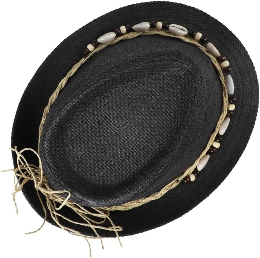 Straw Fedora Sun Hat UV Protection Short Brim Beach Hat Adjustable Trilby Hats for Men Women