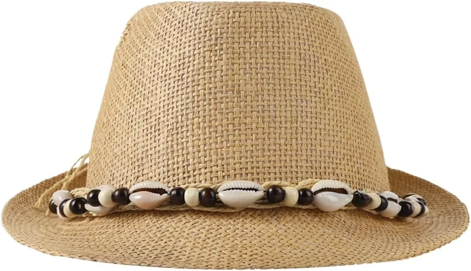 Straw Fedora Sun Hat UV Protection Short Brim Beach Hat Adjustable Trilby Hats for Men Women