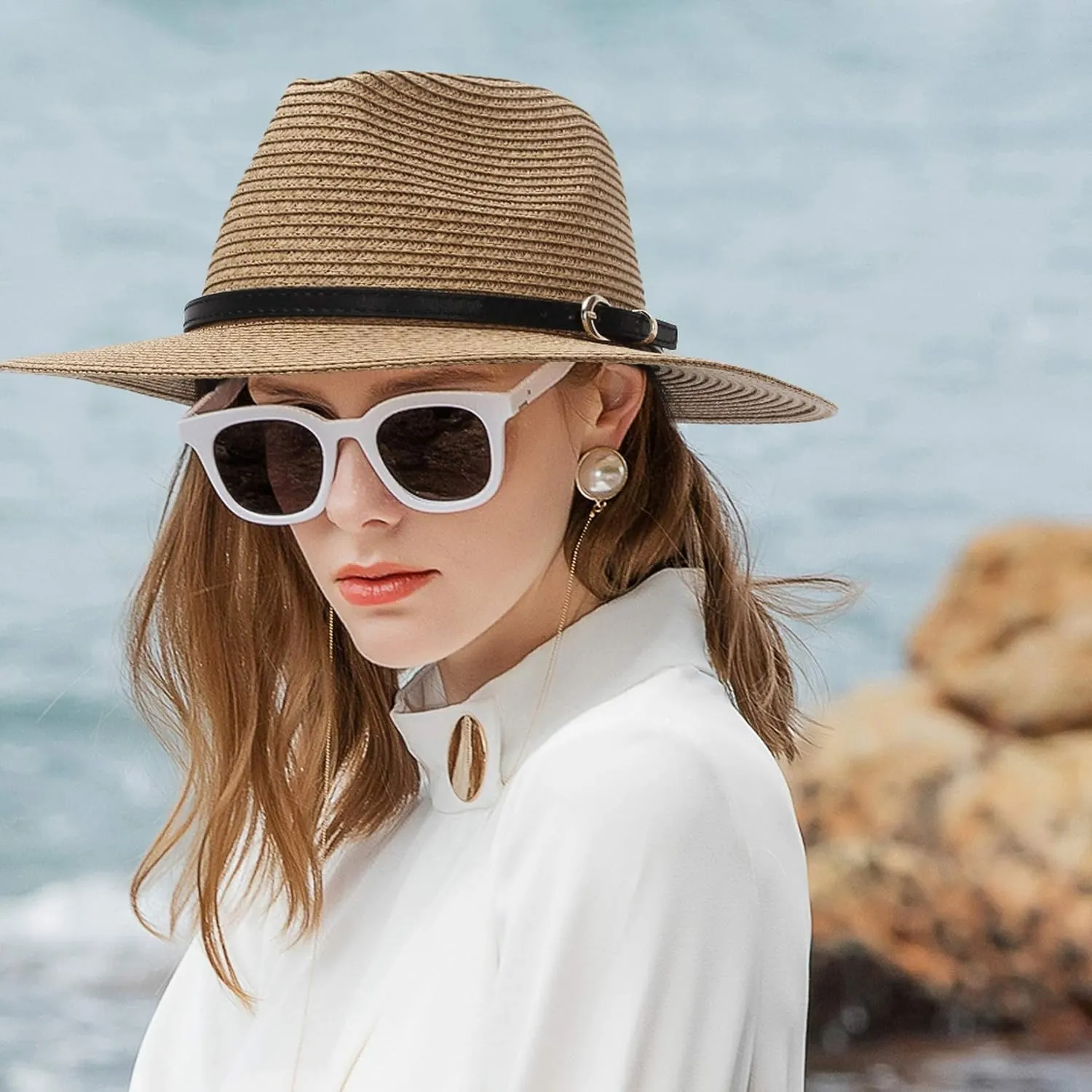 Straw Sun Hats for Women Men Panama Fedora Summer Hat with Leather Belt Wide Brim Beach Sun Jazz Cap