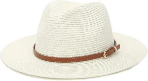 Straw Sun Hats for Women Men Panama Fedora Summer Hat with Leather Belt Wide Brim Beach Sun Jazz Cap