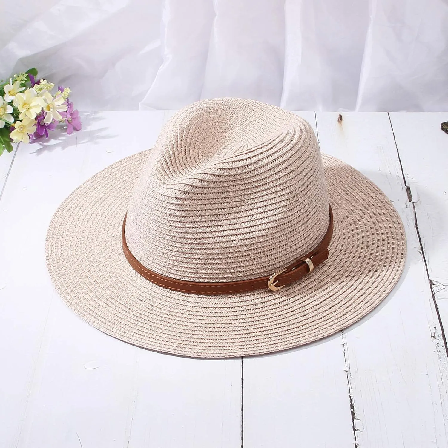 Straw Sun Hats for Women Men Panama Fedora Summer Hat with Leather Belt Wide Brim Beach Sun Jazz Cap