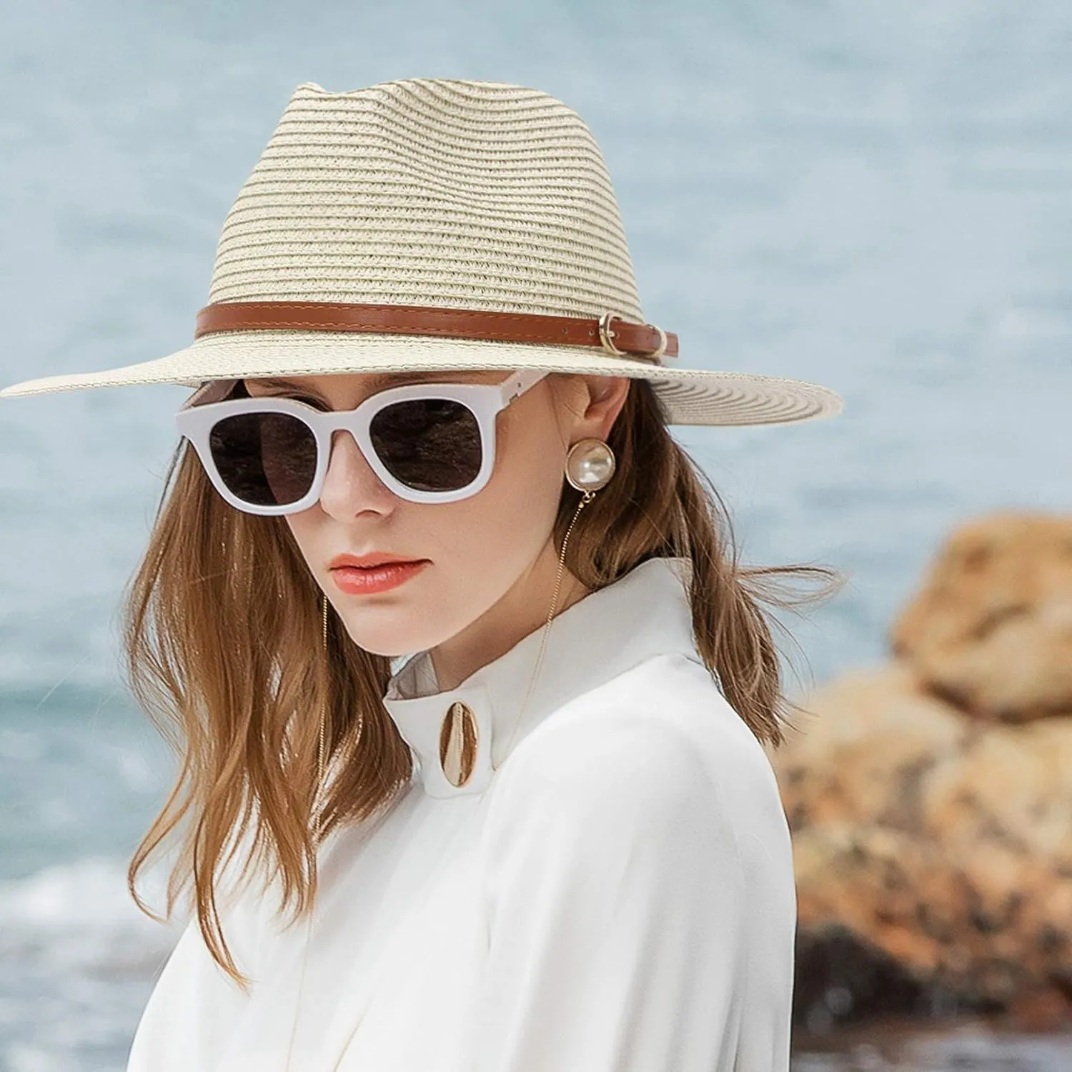 Straw Sun Hats for Women Men Panama Fedora Summer Hat with Leather Belt Wide Brim Beach Sun Jazz Cap