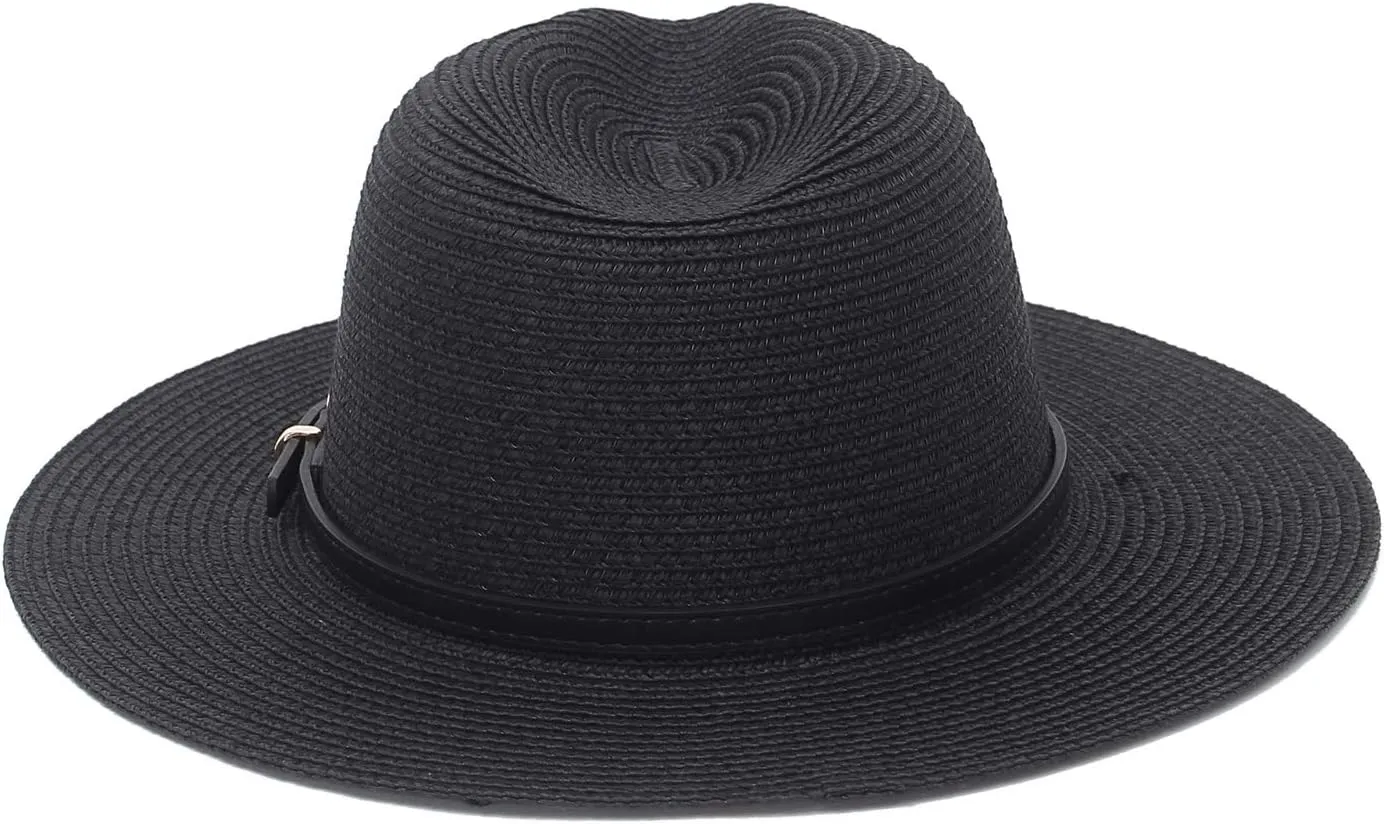Straw Sun Hats for Women Men Panama Fedora Summer Hat with Leather Belt Wide Brim Beach Sun Jazz Cap