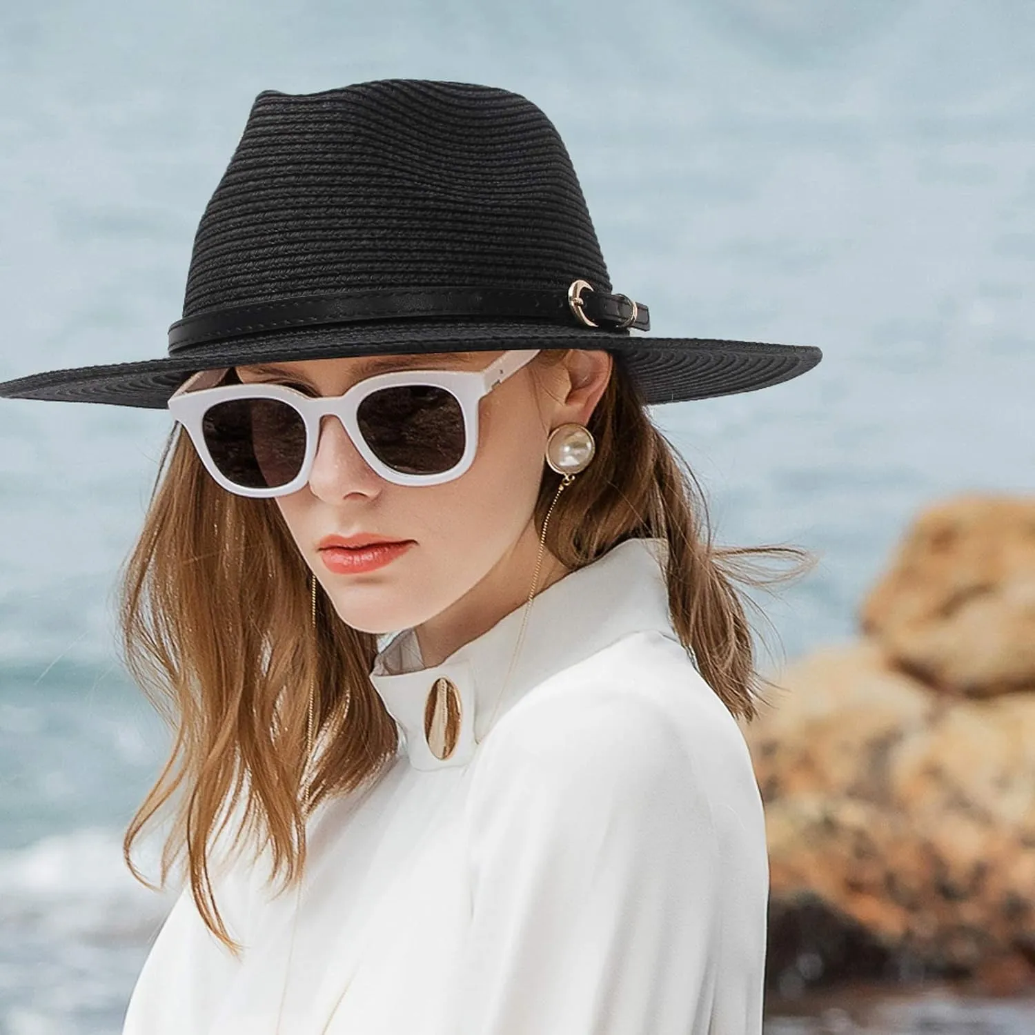 Straw Sun Hats for Women Men Panama Fedora Summer Hat with Leather Belt Wide Brim Beach Sun Jazz Cap