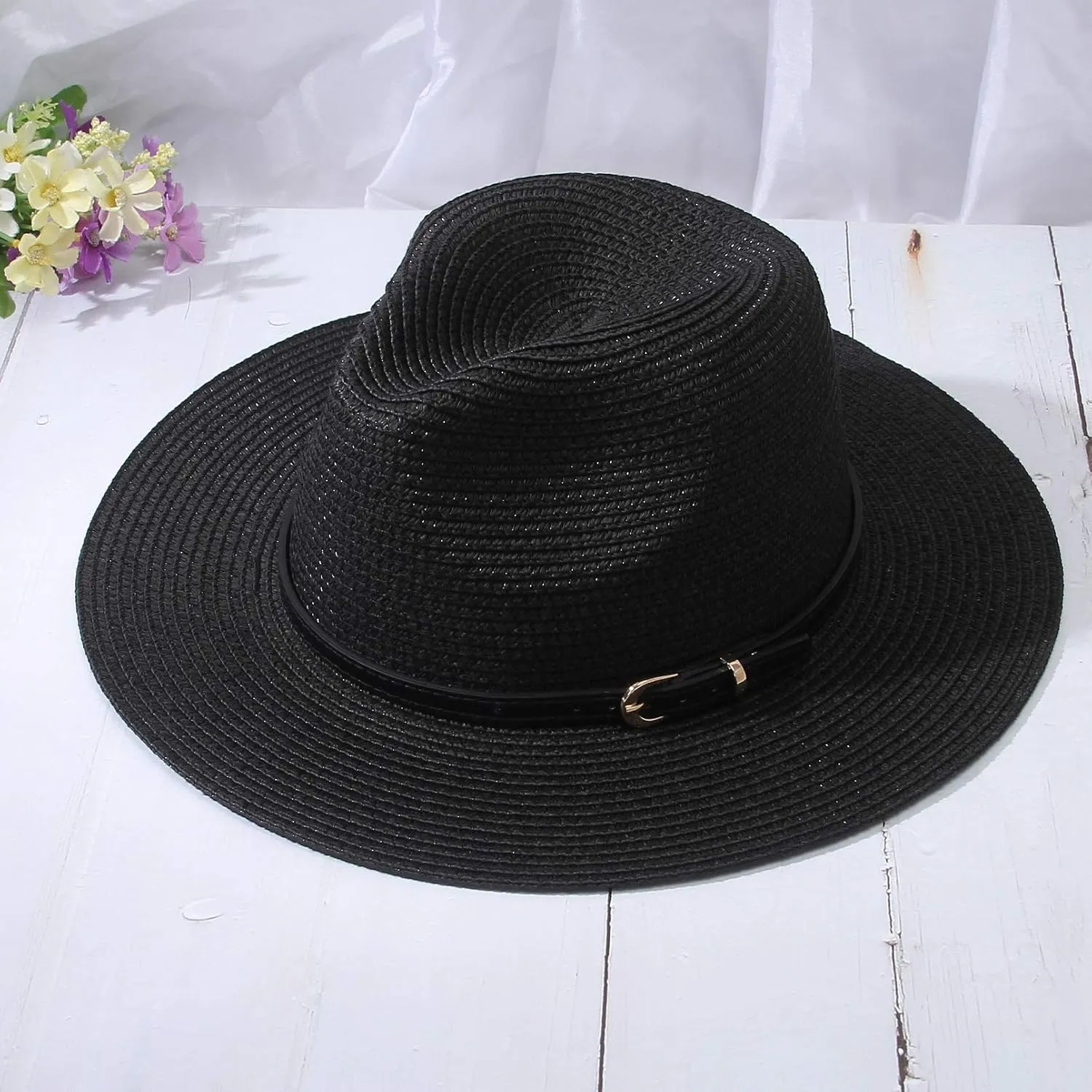Straw Sun Hats for Women Men Panama Fedora Summer Hat with Leather Belt Wide Brim Beach Sun Jazz Cap