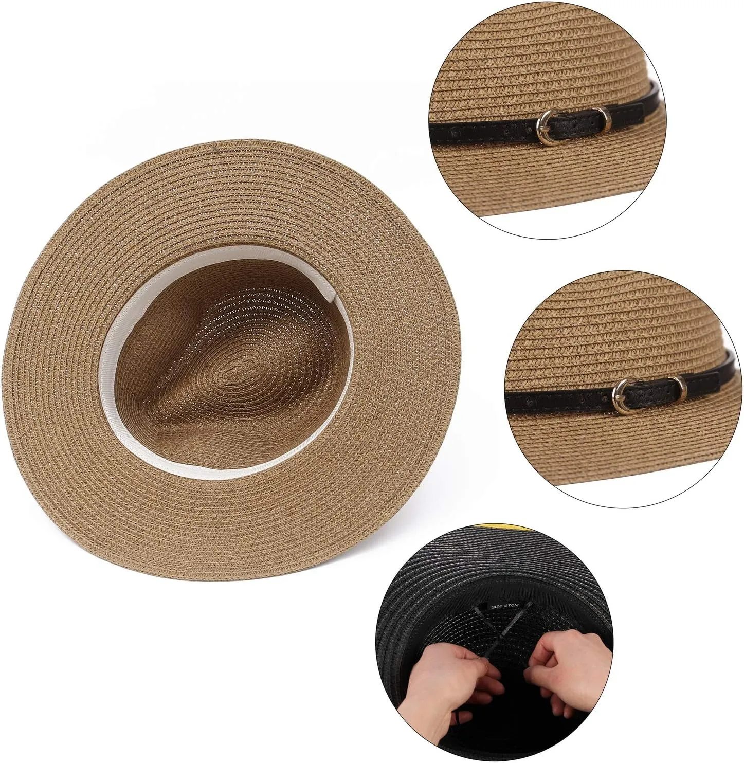 Straw Sun Hats for Women Men Panama Fedora Summer Hat with Leather Belt Wide Brim Beach Sun Jazz Cap
