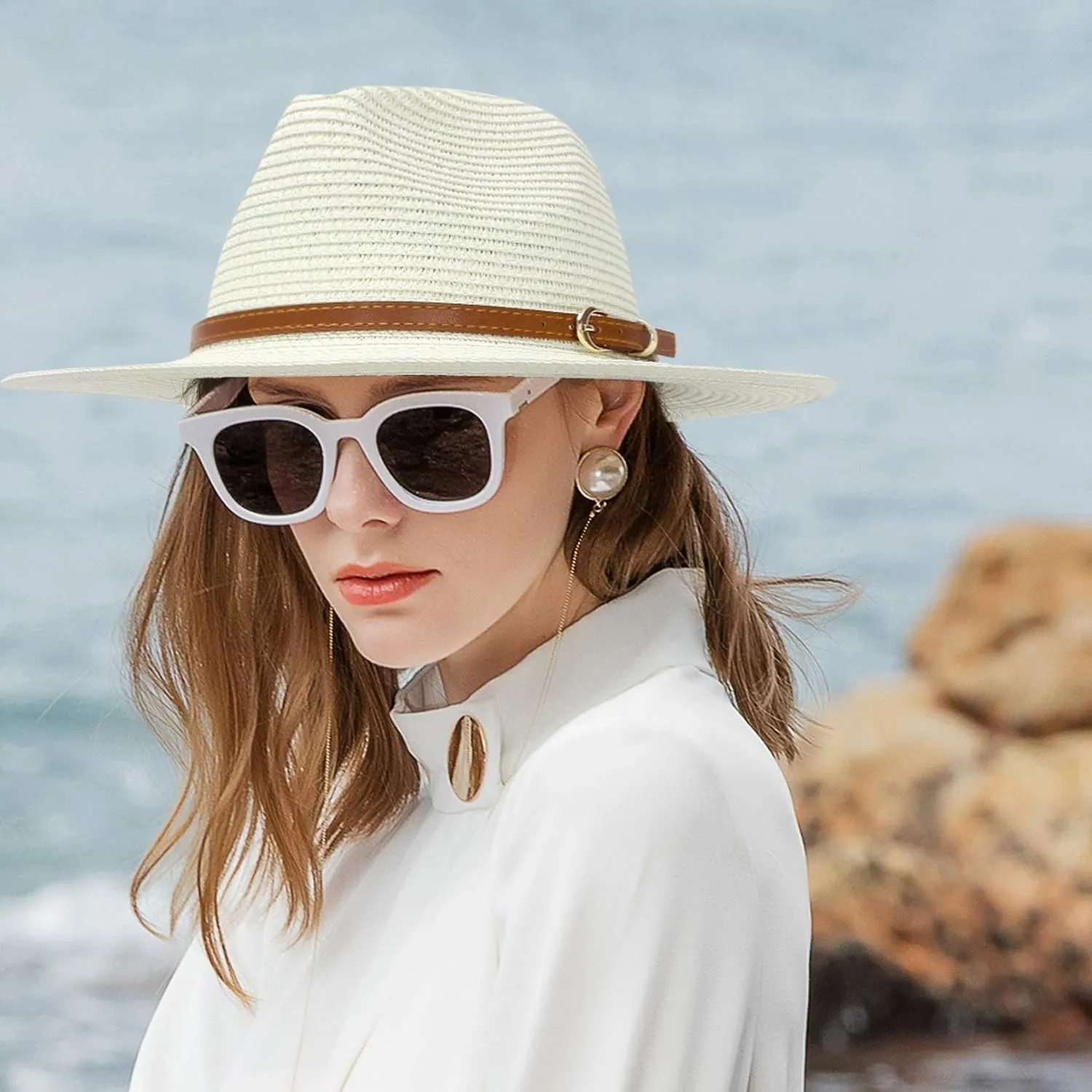Straw Sun Hats for Women Men Panama Fedora Summer Hat with Leather Belt Wide Brim Beach Sun Jazz Cap