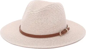 Straw Sun Hats for Women Men Panama Fedora Summer Hat with Leather Belt Wide Brim Beach Sun Jazz Cap