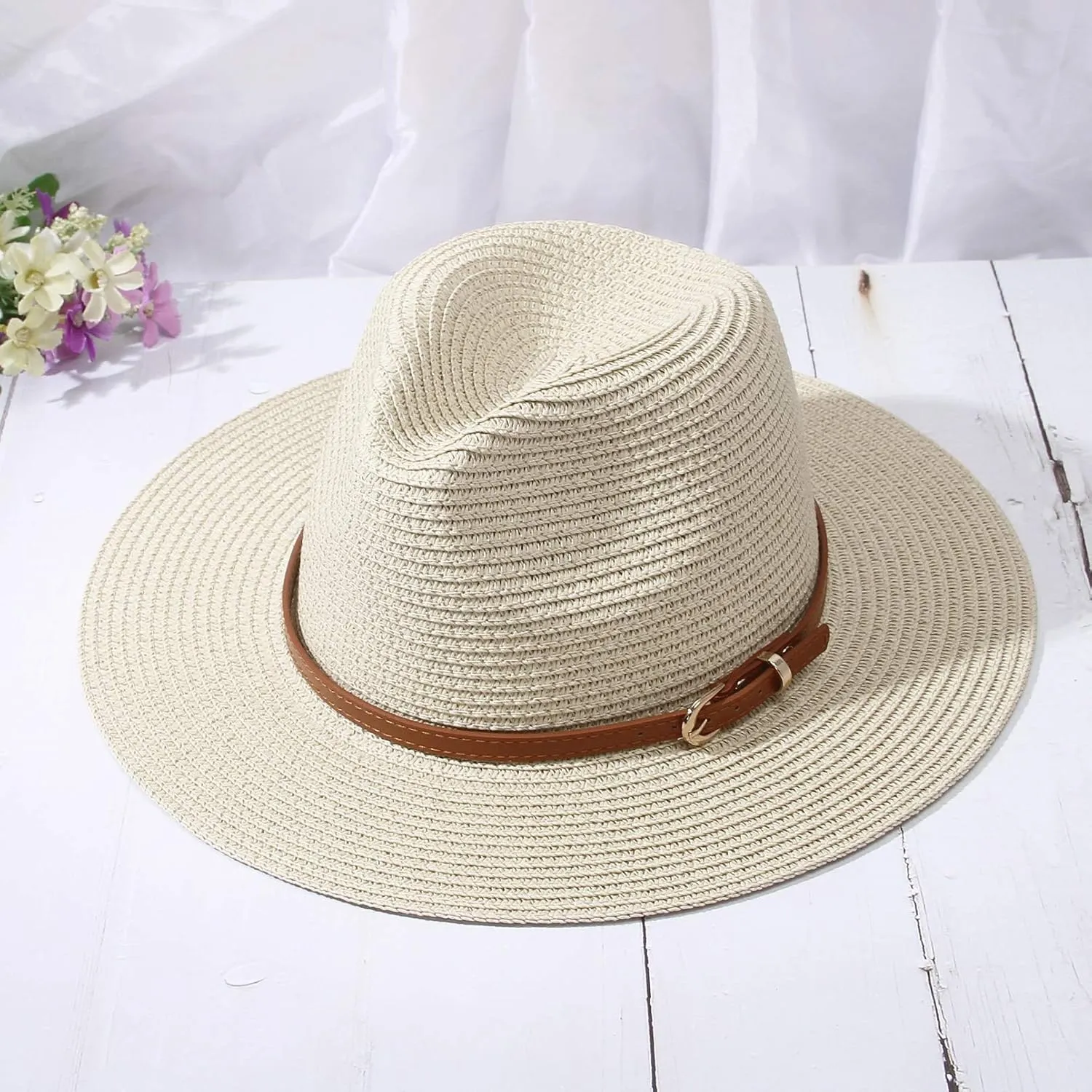 Straw Sun Hats for Women Men Panama Fedora Summer Hat with Leather Belt Wide Brim Beach Sun Jazz Cap