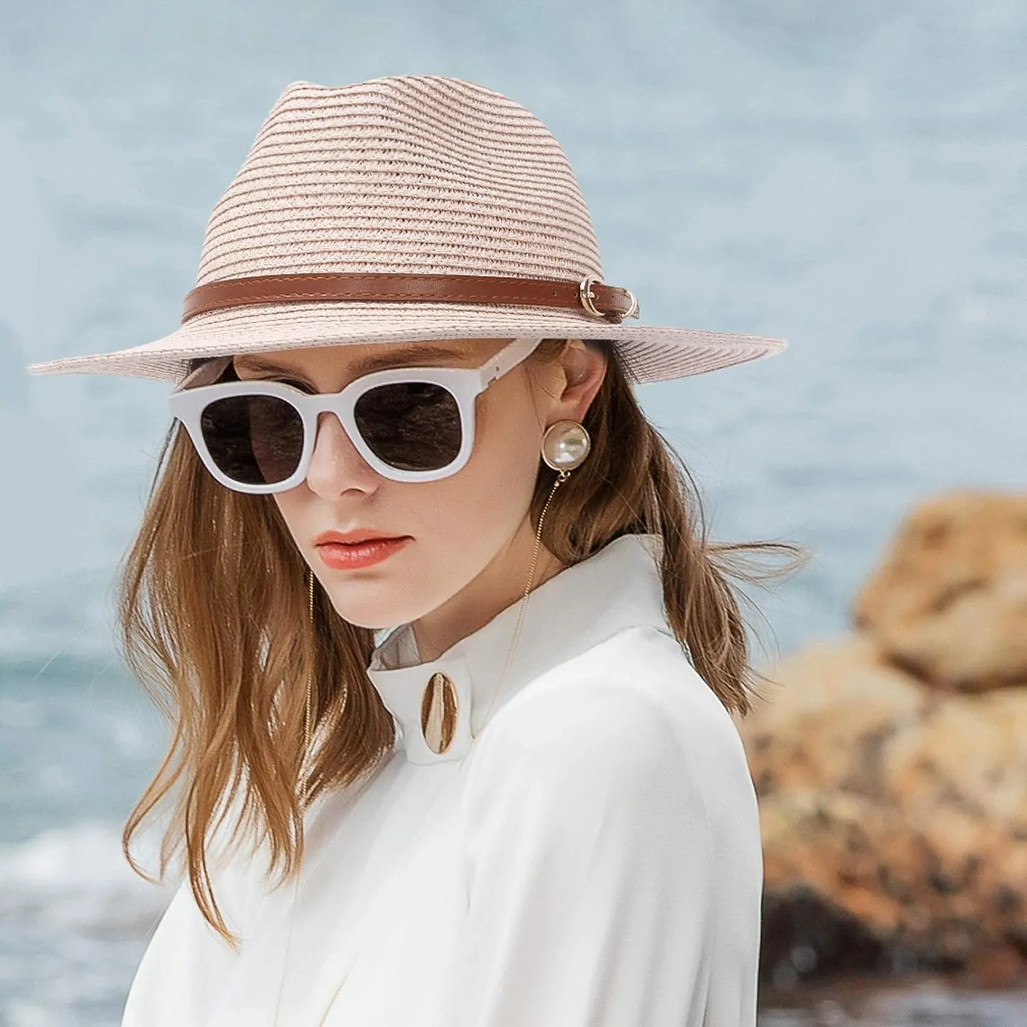 Straw Sun Hats for Women Men Panama Fedora Summer Hat with Leather Belt Wide Brim Beach Sun Jazz Cap