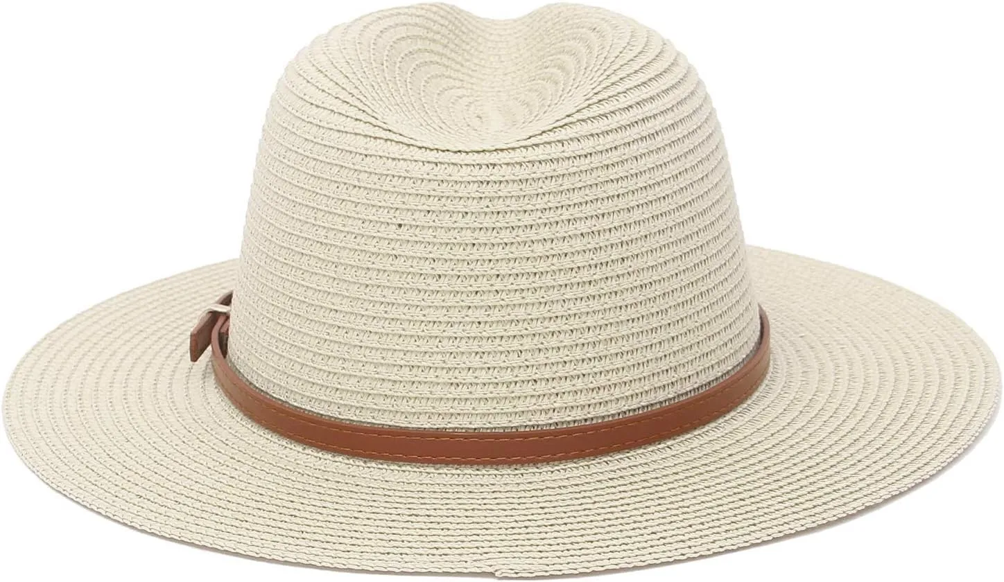 Straw Sun Hats for Women Men Panama Fedora Summer Hat with Leather Belt Wide Brim Beach Sun Jazz Cap
