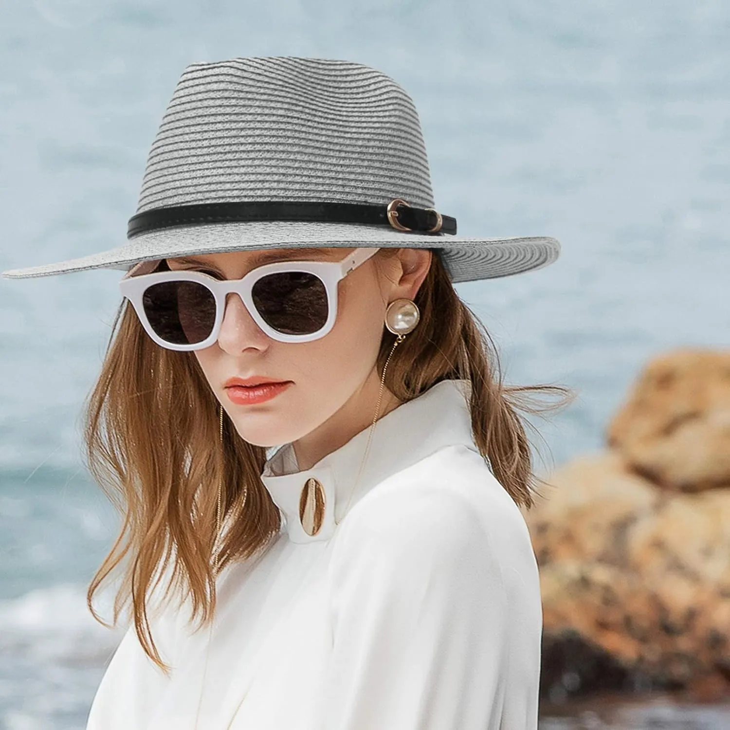 Straw Sun Hats for Women Men Panama Fedora Summer Hat with Leather Belt Wide Brim Beach Sun Jazz Cap