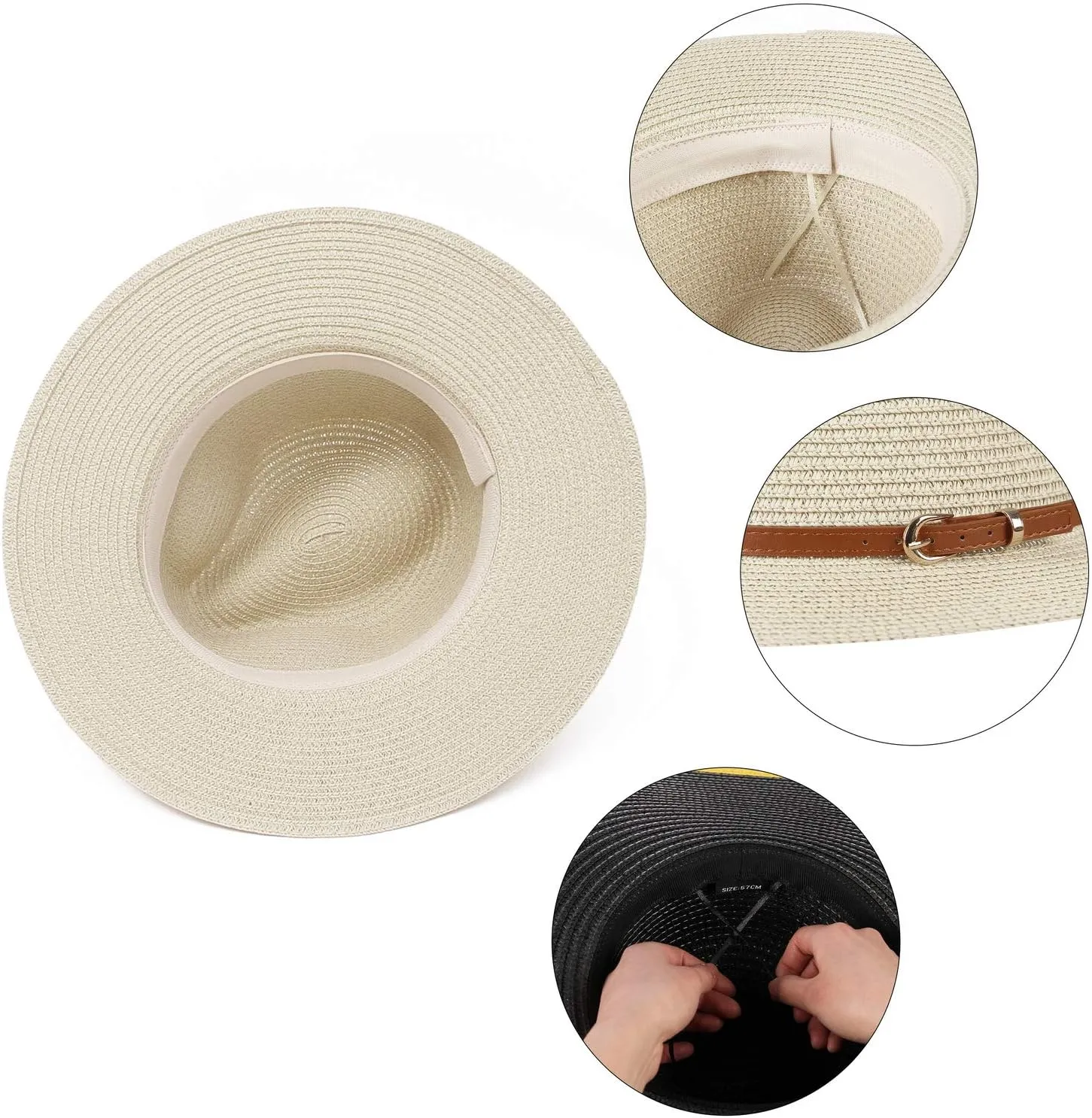Straw Sun Hats for Women Men Panama Fedora Summer Hat with Leather Belt Wide Brim Beach Sun Jazz Cap