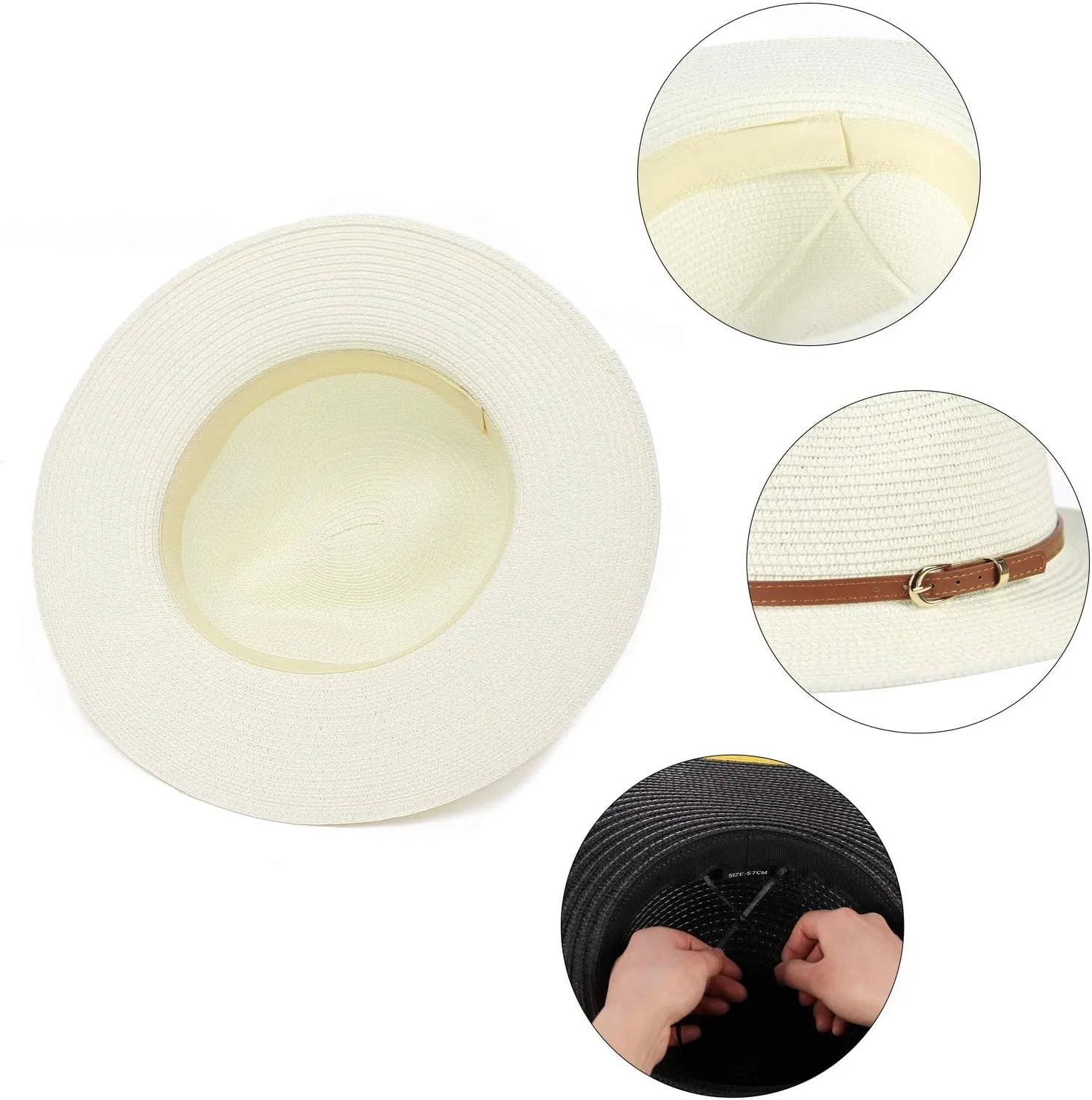 Straw Sun Hats for Women Men Panama Fedora Summer Hat with Leather Belt Wide Brim Beach Sun Jazz Cap
