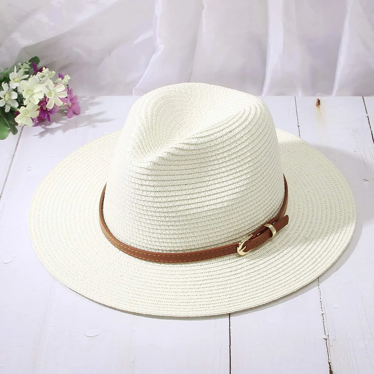 Straw Sun Hats for Women Men Panama Fedora Summer Hat with Leather Belt Wide Brim Beach Sun Jazz Cap