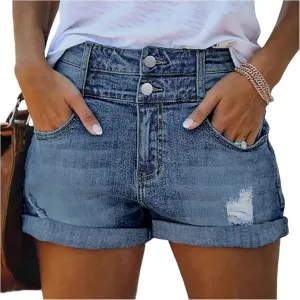 Stretch Denim Shorts Women High Waisted Pull On Loose Ripped Jean Shorts Raw Hem Cuffed Wide Leg Jorts with Pockets
