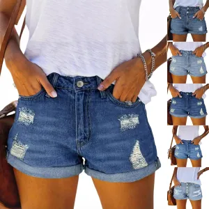 Stretch Denim Shorts Women High Waisted Pull On Loose Ripped Jean Shorts Raw Hem Cuffed Wide Leg Jorts with Pockets