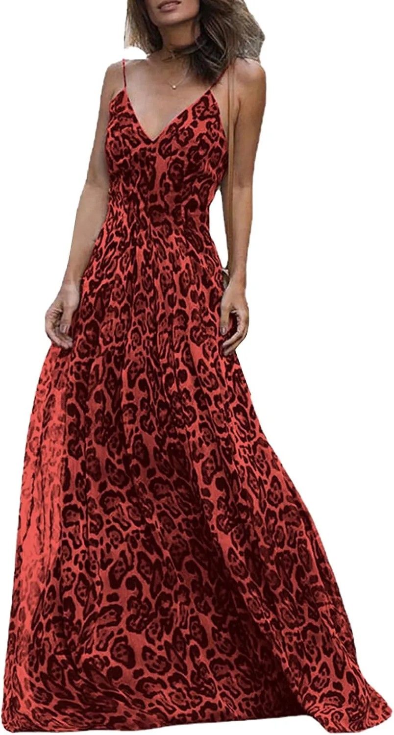 Summer Dresses for Women 2025 Elegant Leopard Maxi Dresses Spaghetti Strap V Neck Dress Summer Backless Sexy Dress